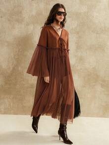 Florisole Vintage Italian Style Pleated Maillard Color Deer Velvet Top, Suitable For Spring, Autumn And Winter - Brown - View 3