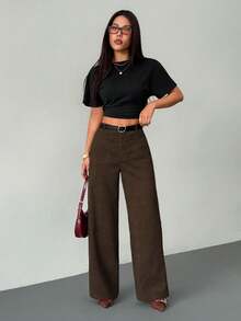 SHEIN PETITE 女士休闲纯色高腰直筒裤 - 棕色 - 查看 7