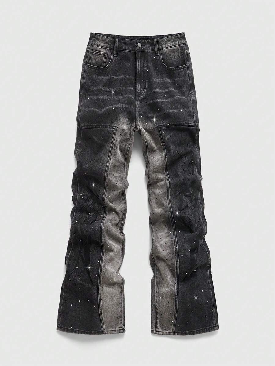 ROMWE MEN Street Life Quần Jeans Nam Thời Trang Thường Ngày Có Túi Đính Đá Rhinestone Trang Trí - Xám - Xem 1