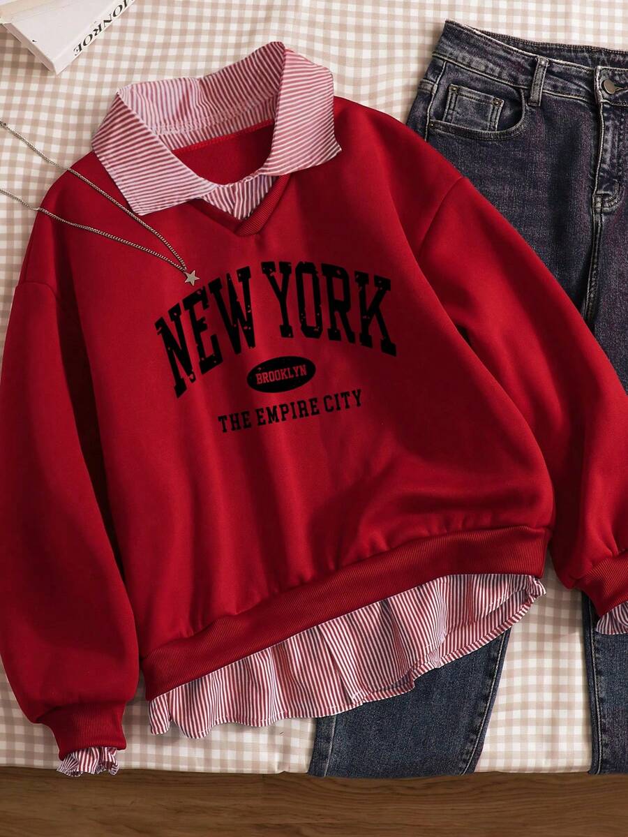 少女卫衣，休闲学院风百搭二合一卫衣衬衫领，数字字母印花豹纹图案宽松款 - 紅色 - 查看 1