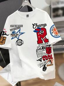 Manfinity Joysei 3件套男士休闲标语印花T恤，夏季 - 彩色 - 查看 3