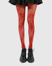 ROMWE Goth 1 par de medias de rejilla con estampado de corazón para mujer - Burdeos - Ver 3