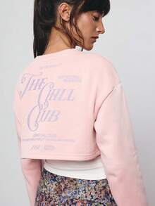 SURIMA Casual Minimalist Pink Pattern Round Neck Short Loose Fit Women Sweatshirt, Autumn/Winter - Dusty Pink - View 2