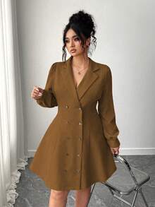 Elenzga Đầm Blazer cổ bẻ tay dài thanh lịch hai hàng khuy cỡ lớn cho nữ - Màu nâu  Mocha - Xem 6