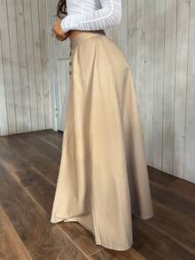 SHEIN PETITE 女款高腰前扣休閒與職場牛仔裙，適合嬌小女性 - 卡其色 - 查看 7