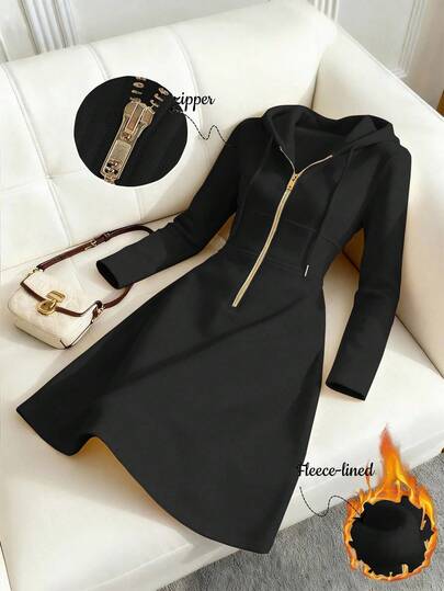 GlowEve CURVE 女士针织金色拉链装饰连帽卫衣连衣裙，法式休闲日常通勤时尚，法式优雅街头复古百搭假日商务米色/象牙色长袖连衣裙，秋冬款