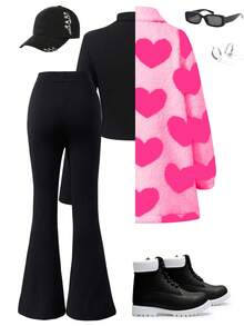 Sparklyn Conjunto de 3 piezas para niñas: Chaqueta de manga larga con cuello de solapa a cuadros + Camiseta de manga larga de cuello alto sólida + Pantalones acampanados sólidos - Rosa - Ver 2