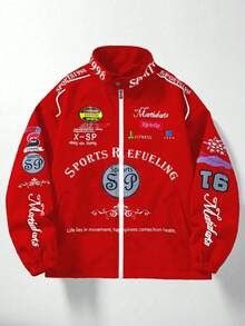 Manfinity Roghcode Chaqueta de manga larga con estampado minimalista para hombre y ropa exterior, chaqueta de motociclismo, chaqueta deportiva roja, chaqueta de carreras, chaqueta deportiva de carreras, chaqueta de carreras, otoño - Rojo - Ver 6