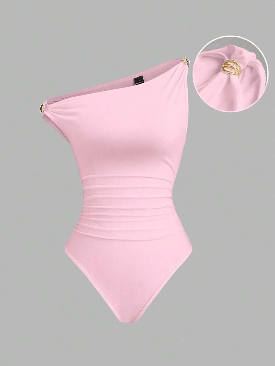 SHEIN Unity Metal Decor Ruched Bodysuit, Casual & Versatile, Spring/Autumn - Pink - View 1