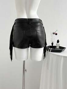 Elamini 个性化流苏PU皮短裤，性感修身低腰 - 黑色 - 查看 2