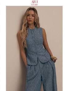 ATUI Studio Women's Casual Commuting Street Button-Front Sleeveless Pleated Pocket Elastic Waist Imitation Denim Texture Fabric Wide-Leg Linen  Vest Top Women, Business Casual Women,Office Outfits For Women,Office Wear Women, Blue Summer Top, Blue Crop Top,Going Out Tops Women,Old Money Style Women,Wedding Guest