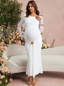 SHEIN 孕妇纯色网纱拼接扭结圆领长袖连衣裙 - 白色 - 查看 3