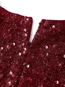 Ellevyn Plus Size Summer Fashion Sequin Patchwork Feather Hem Dress - Burgundy - View 8