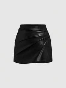 Sweetra Falda A-Line plisada asimétrica de cuero sintético (PU), cintura alta, elegante, para otoño/invierno - Negro - Ver 1