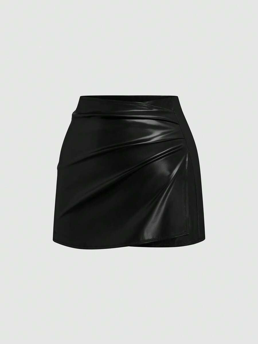 Sweetra Falda A-Line plisada asimétrica de cuero sintético (PU), cintura alta, elegante, para otoño/invierno - Negro - Ver 1