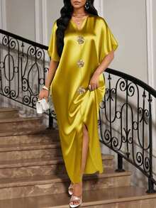 SHEIN Lady Váy ngày lễ Bốn mùa/Khách dự tiệc cưới/Trang phục/Váy dạ hội/Vàng/Trang phục dự tiệc/Vàng Váy xẻ tà phía trước bằng vải satin jacquard dành cho nữ, trang phục dự tiệc thường ngày thanh lịch - Màu vàng - Xem 5