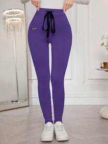 Modelyn 纯色贴花抽绳修身舒适弹力打底裤 - 紫丁香色 - 查看 5