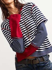 Bohemela Boho Christmas Party New Year Casual Striped Patchwork Round Neck Long Sleeve Loose Women T-Shirt, Winter - Multicolor - View 1