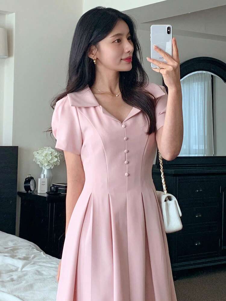 Women's Collared Waist Cinched Midi Dress Summer Sundress