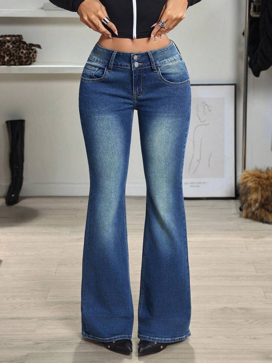 Jeanoix Women's Fashion Casual Versatile Y2K Low Waist Flare Jeans - Dark Wash - View 1