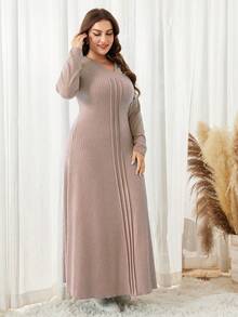 Lacomfia Plus Size Long Sleeve Solid Color Jacquard Knit Maxi Casual Dress - Pink - View 6
