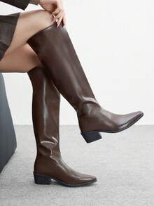 CUCCOO BIZCHIC Botas altas de tacón grueso versátiles y cómodas para el uso diario de las mujeres - Marrón - Ver 3