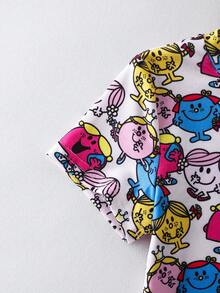Mr Men Little Miss X SHEIN Young Girl Cartoon Pattern Cute Round Neck Short Sleeve T-Shirt - Multicolor - View 4