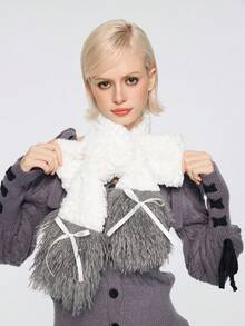 ROMWE Goth 1条灰白Y2K风格可爱甜美蝴蝶结撞色舒适时尚围巾，适合上学、购物、旅行、圣诞节等场合。 - 米色 - 查看 1