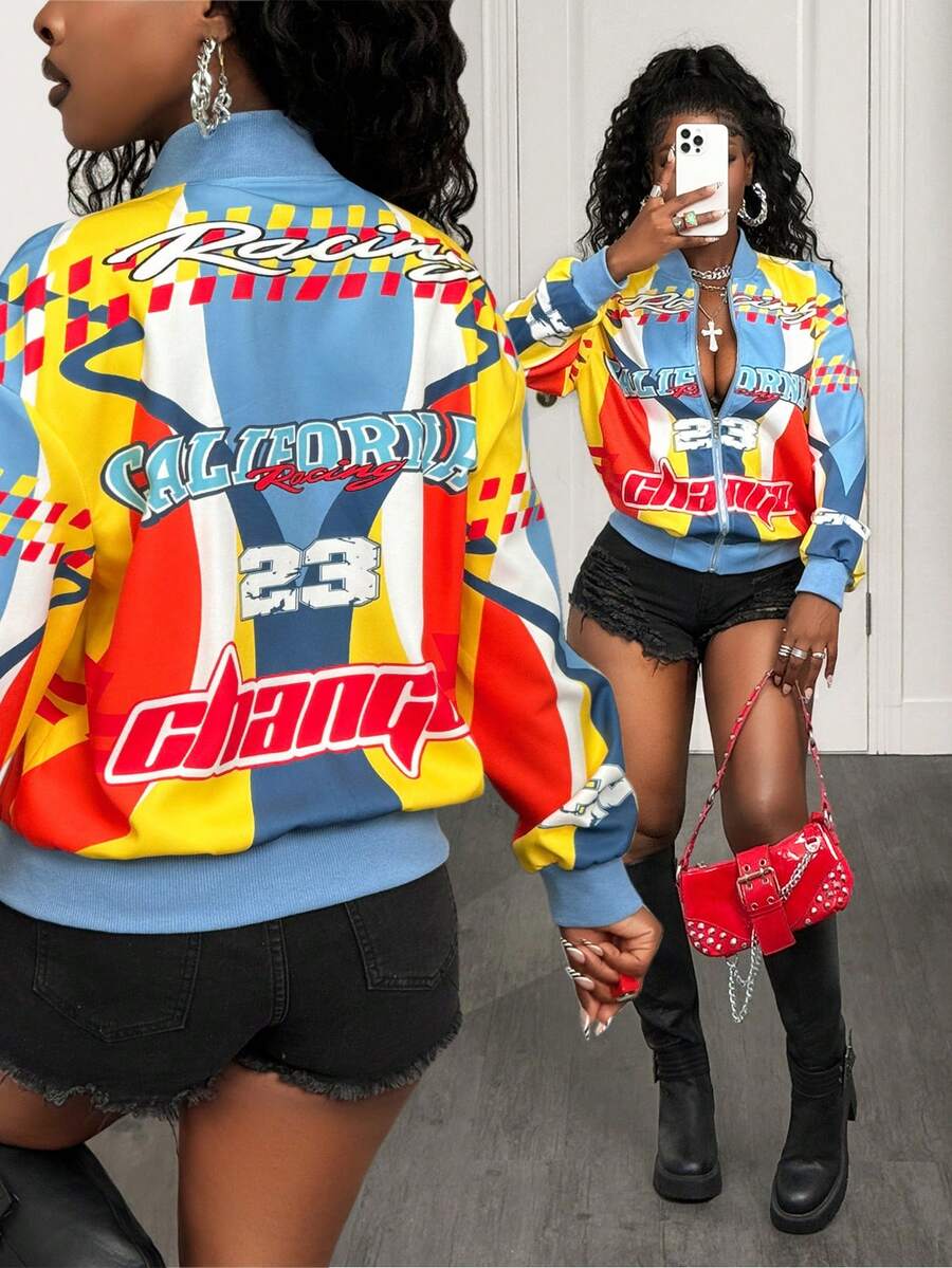 BamGleam Áo khoác bóng chày nữ dài tay in chữ, có khóa kéo, kiểu dáng thường ngày, áo khoác mùa đông nữ, áo mùa đông cho nữ, áo mùa đông cho nữ, áo mùa đông nữ, áo cho năm mới, áo khoác năm mới, áo khoác Y2K thường ngày, áo khoác tay dài nữ, áo khoác in họa tiết, áo khoác thời trang bán chạy, áo khoác đồ họa. - Màu xanh lam - Xem 1