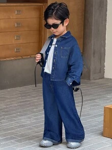 SHEIN 2pcs Young BoyGray Denim Lapel Long Sleeve Shirt And Loose Fit Pants Set - Dark Wash - View 5