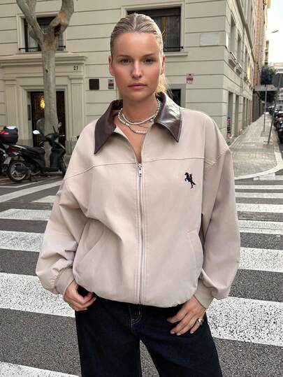 Muchica Plus Size Women Casual Patchwork Collar Zip-Up Jacket With Embroidery Details, Autumn/Winter