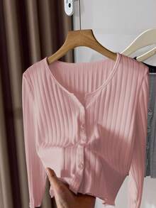 Airaco Áo khoác cardigan dệt kim nhẹ, đơn hàng khuy đơn màu đơn giản dành cho nữ - Hồng - Xem 4