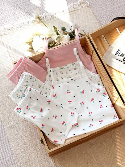 Vintaside Kids 6件套女婴休闲可爱碎花吊带背心和松紧腰短裤两件套，适合居家和户外活动，春夏款