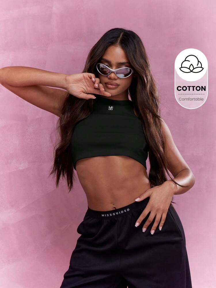 MISSGUIDED Embroidered Logo Ribbed Tank Crop Top