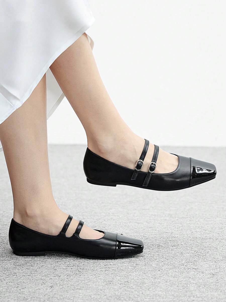 CUCCOO BIZCHIC 女士方头搭扣设计休闲日常百搭平底鞋 - 黑色 - 查看 1