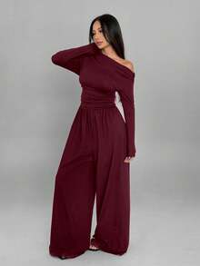 SHEIN MOOSTA Bộ đồ liền thân ống đứng rộng rãi xếp ly thoải mái cho nữ, có vai chéo và tay dài, phù hợp cho mùa xuân và mùa thu - Màu Đỏ Sâu - Xem 5