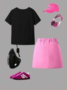 SHEIN Explorewe 两件套休闲时尚春夏女童短袖连衣裙套装，酷炫数字67和豹纹图案，短袖圆领T恤搭配工装裙，舒适的短袖圆领T恤打底裤，适合春夏穿着，时尚休闲，街头风，户外野餐，校园，节日，礼物 - 黑色 - 查看 2