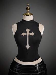 SHEIN ICON 女士修身休闲交叉网眼立领背心 - 黑色 - 查看 3