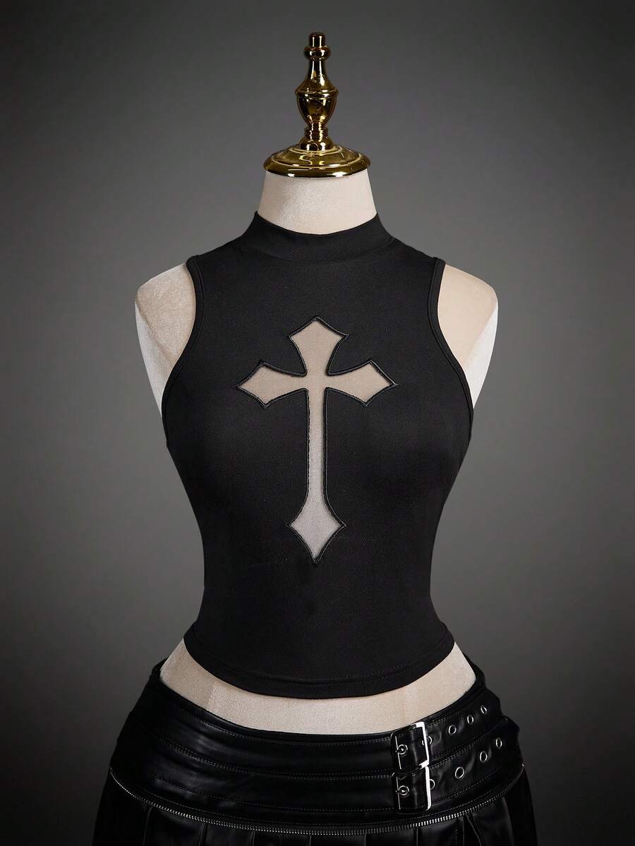 SHEIN ICON 女士修身休闲交叉网眼立领背心 - 黑色 - 查看 1