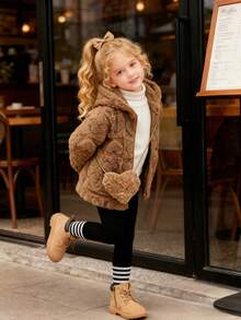 Elladie kids Young Girl Heart Pattern Long Sleeve Zip Front Fuzzy Hooded Casual Jacket, Autumn/Winter