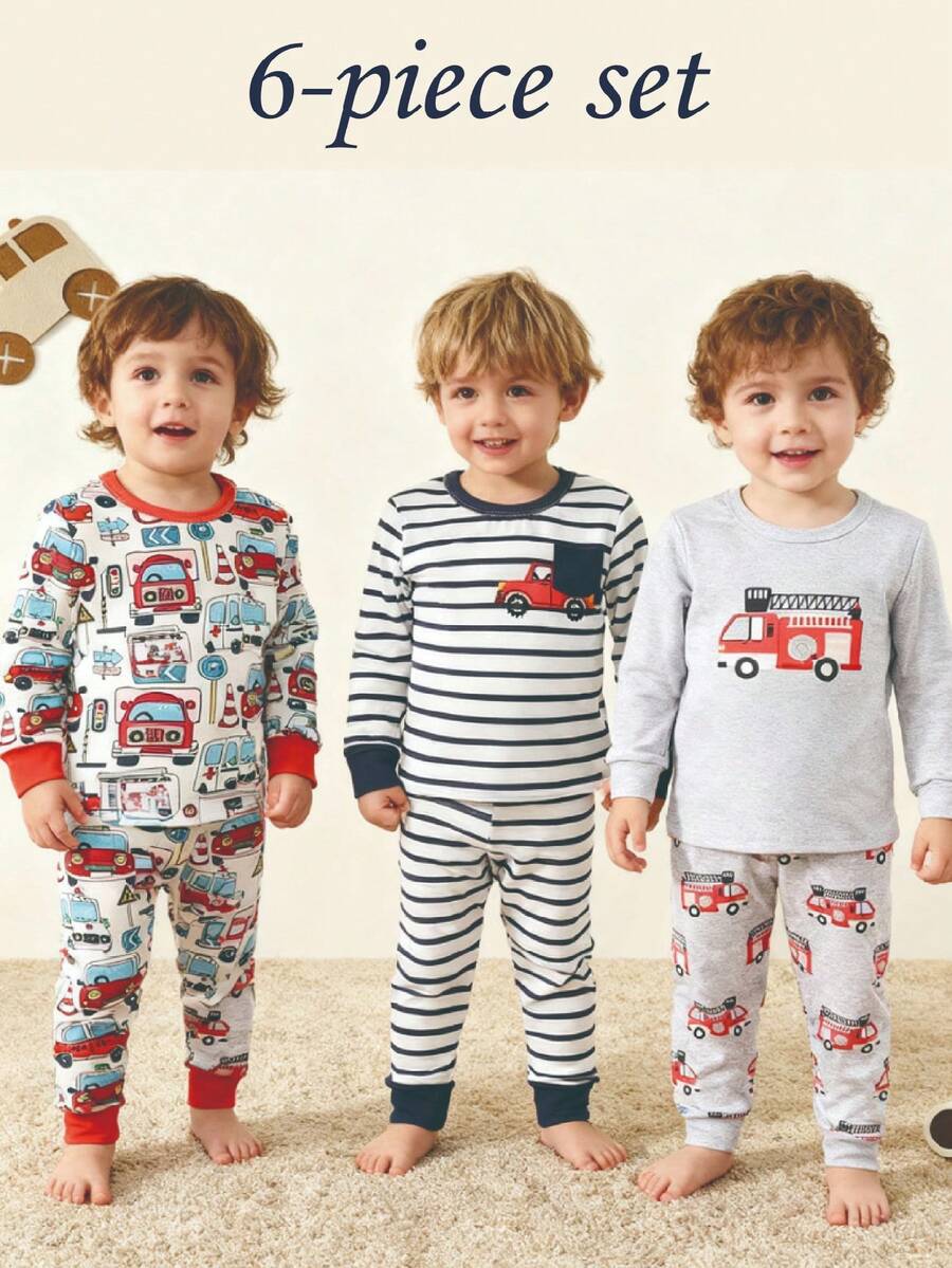 SHEIN Conjunto de pijama infantil masculino com 6 peças, body de tricô fofo com estampa de carrinho de desenho animado, roupa básica. - Multicolorido - Ver 1