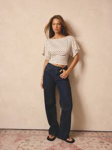 Aralina 女士波点印花上衣，宽领船领，短蝙蝠袖，飘逸袖子，可爱上衣，腰部系带收腰设计，T恤款式，波点印花，复古风格，适合外出、派对、工作或办公室穿着。 - 彩色 - 查看 6