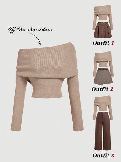 SHEIN MOD 女士优雅卡其色露肩毛衣，适合冬季、圣诞节、新年、派对、休闲场合，露肩设计，秋季女装，冬季女装，女士毛衣