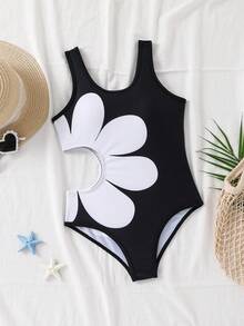 Emery Rose Kids Emery Rose Kids Tween Tween Girl Floral Knitted Spaghetti Strap Bikini Top - Black and White - View 3