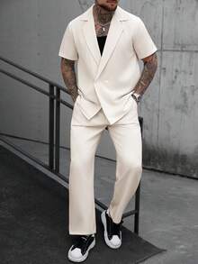 Manfinity CasualCool 男士休闲纯色衬衫和裤子套装 - 米色 - 查看 1