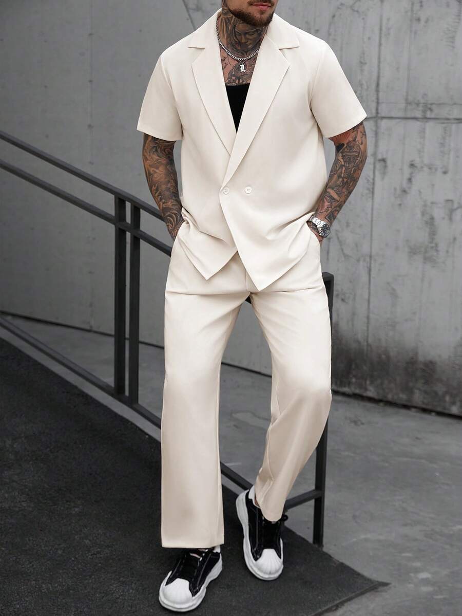 Manfinity CasualCool 男士休闲纯色衬衫和裤子套装 - 米色 - 查看 1