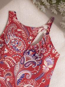Swim Lushoire Paisley Print Hollow One-Piece Swimsuit, Random Print - Red - View 4