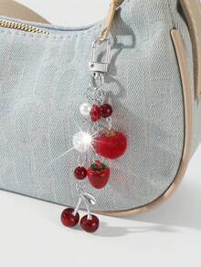 ROMWE Kawaii 1pc Y2K Chic Elegant High-Quality Silver Chain Star Dice Ribbon Bow Crystal Wing Heart Cherry Pendant Keychain, Suitable For Women/Girls Daily Wear, Holiday Gift - Burgundy-63 - View 5