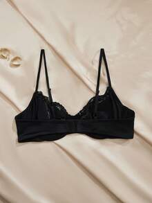 Charlaine Lace Patchwork Comfortable Breathable Wire-Free Women Solid Color Sexy Lingerie - Black - View 2