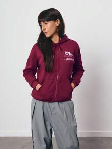 SURIMA Casual Red Violet Zip Up Knitted Hoodie With Random Print Long Raglan Sleeves And Tight Hem For Women - Red Violet - View 5